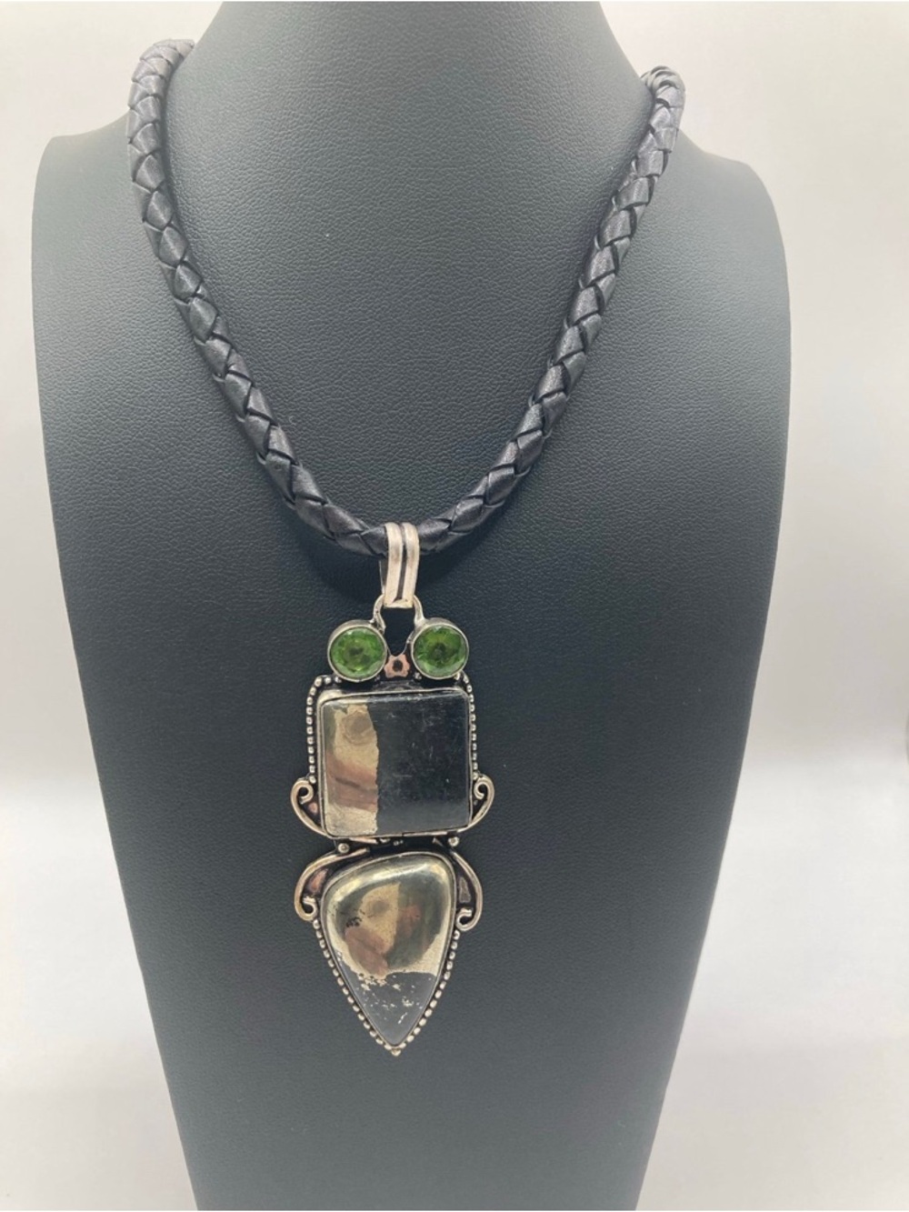 Sterling Silver Statement Pyrite Gemstone Pendant Leather 20” Cord Necklace